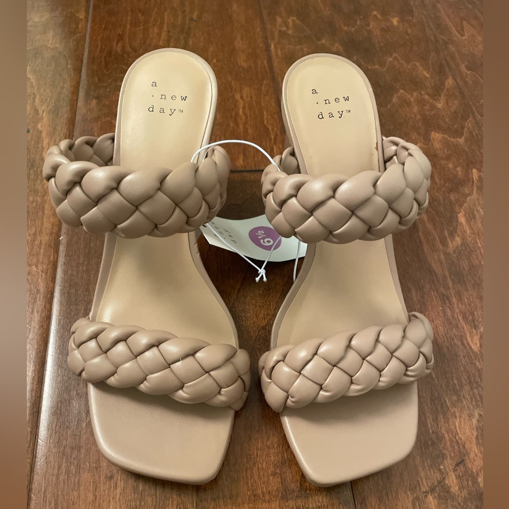 Beige braided strap heels